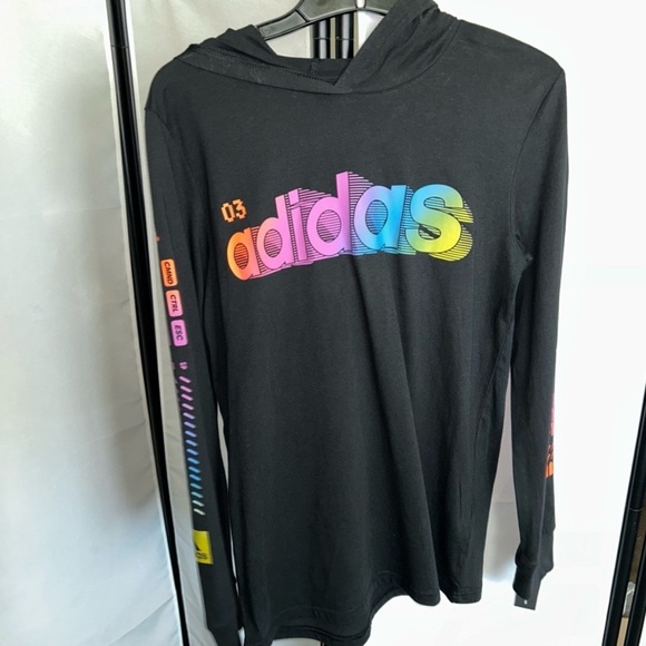 Adidas Kids Black Hoodie with Colorful Sleeve Graphics - Picture 3 of 5